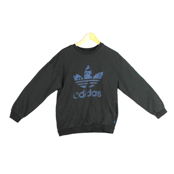 Adidas Originals Pullover Sweatshirt Womens Sz XS Black Blue Floral Logo Design - Picture 1 of 12